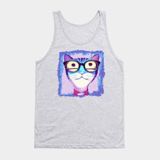 Distressed Cat with Funky Glasses Contemporary Illustration Tank Top